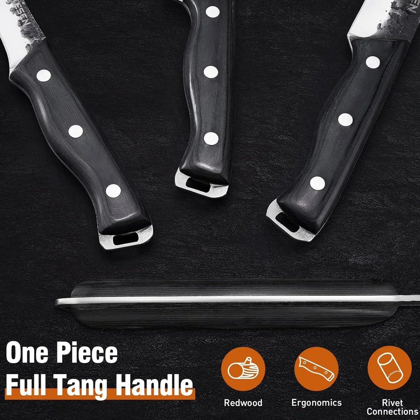 Professional kitchen knives with full tang redwood handles, ergonomic design, and rivet connections for durability.