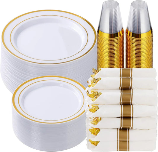 350 Piece Gold Plastic Dinnerware Set for 50 Guests, Fancy Disposable Plates for Party, Include: 50 Dinner Plates, 50 Dessert Plates, 50 Pre Rolled Napkins with Silverware, 50 Cups