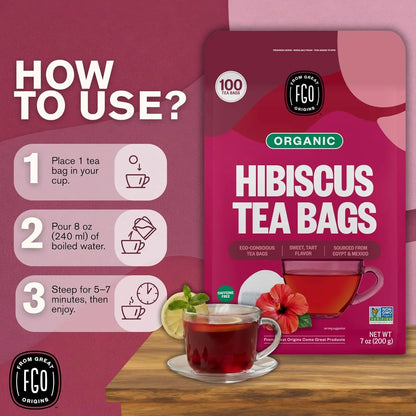 Organic Hibiscus Tea, 100 Count, Eco-Conscious Tea Bags, Caffeine Free, Packaging May Vary (Pack of 1)