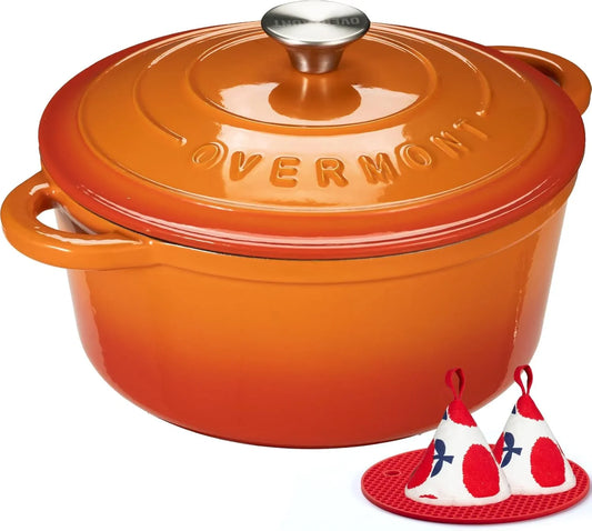 Enameled Cast Iron Dutch Oven - 7QT Pot with Lid Cookbook & Cotton Potholders - Heavy-Duty Cookware for Braising, Stews, Roasting, Sourdough Baking Orange