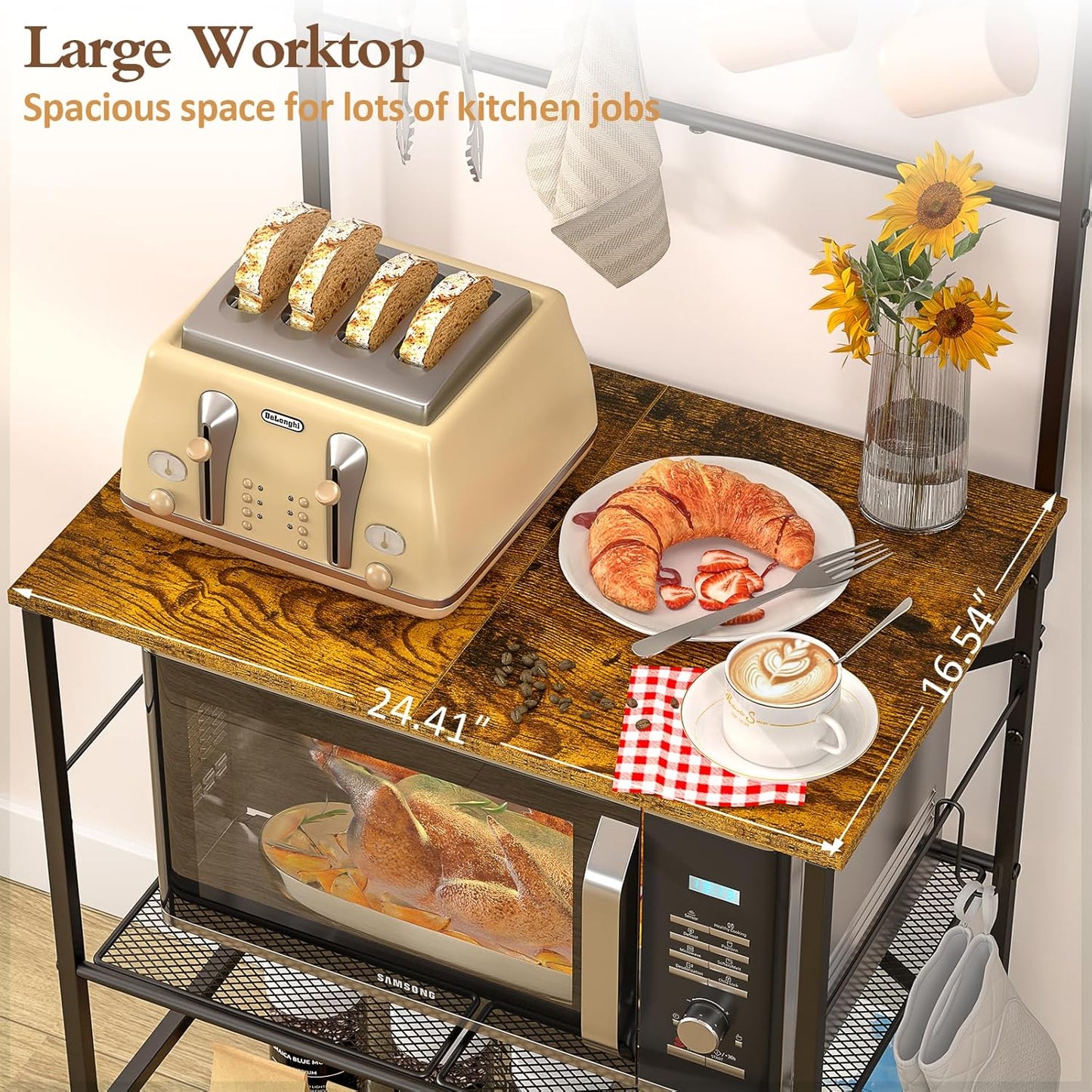 4 Tier Coffee Bar Station, Kitchen Stand with 8 S-Shaped Hooks, Large Space Coffee Station Table, Farmhouse Coffee Bar Shelf, Bakers Rack for for Kitchen, Living Room, 23.62" W X 15.74" D X 57.13" H
