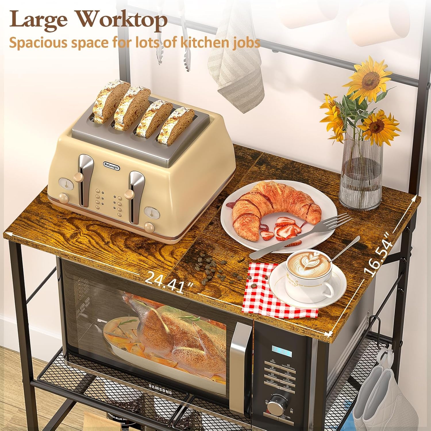 4 Tier Coffee Bar Station, Kitchen Stand with 8 S-Shaped Hooks, Large Space Coffee Station Table, Farmhouse Coffee Bar Shelf, Bakers Rack for for Kitchen, Living Room, 23.62" W X 15.74" D X 57.13" H