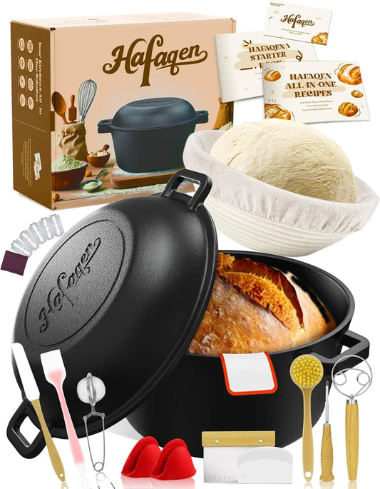 Cast Iron Dutch Ovens for Sourdough Bread Baking, 5 QT Pre-Seasoned Dutch Oven Pot with Lid, Bread Baking Supplies Set, Multi-Functional Braising Cast Iron Pot for Baking, Sourdough Starter Kit