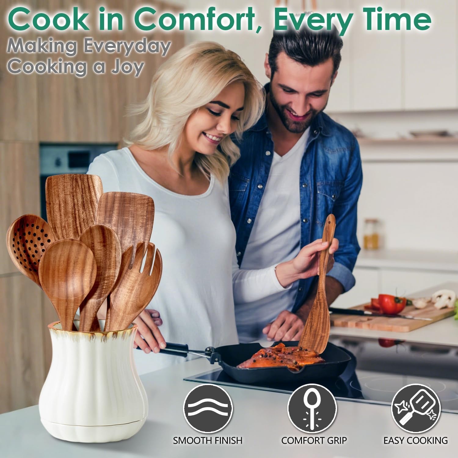 Wooden Spoons for Cooking, Teak Wood Kitchen Utensil Set, Premium Handmade Wooden Utensils for Nonstick Cookware, Heat Resistant, Smooth Finish, Comfortable Grip, 6 Piece