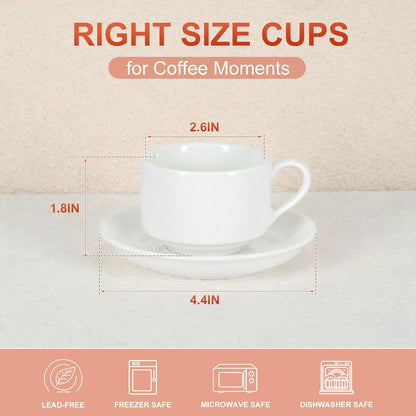 3 Ounce Espresso Cups Set of 4, Stackable Demitasse Mugs, Includes Display Stand, Cups Saucers, and Spoons, for Machines & Home Use, White Silver Tone
