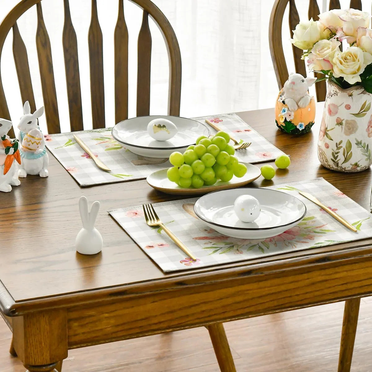 Buffalo Plaid Bunny Rabbit Ears Flower Easter Placemats for Dining Table, 12 X 18 Inch Spring Summer Seasonal Holiday Rustic Vintage Washable Table Mats Set of 4