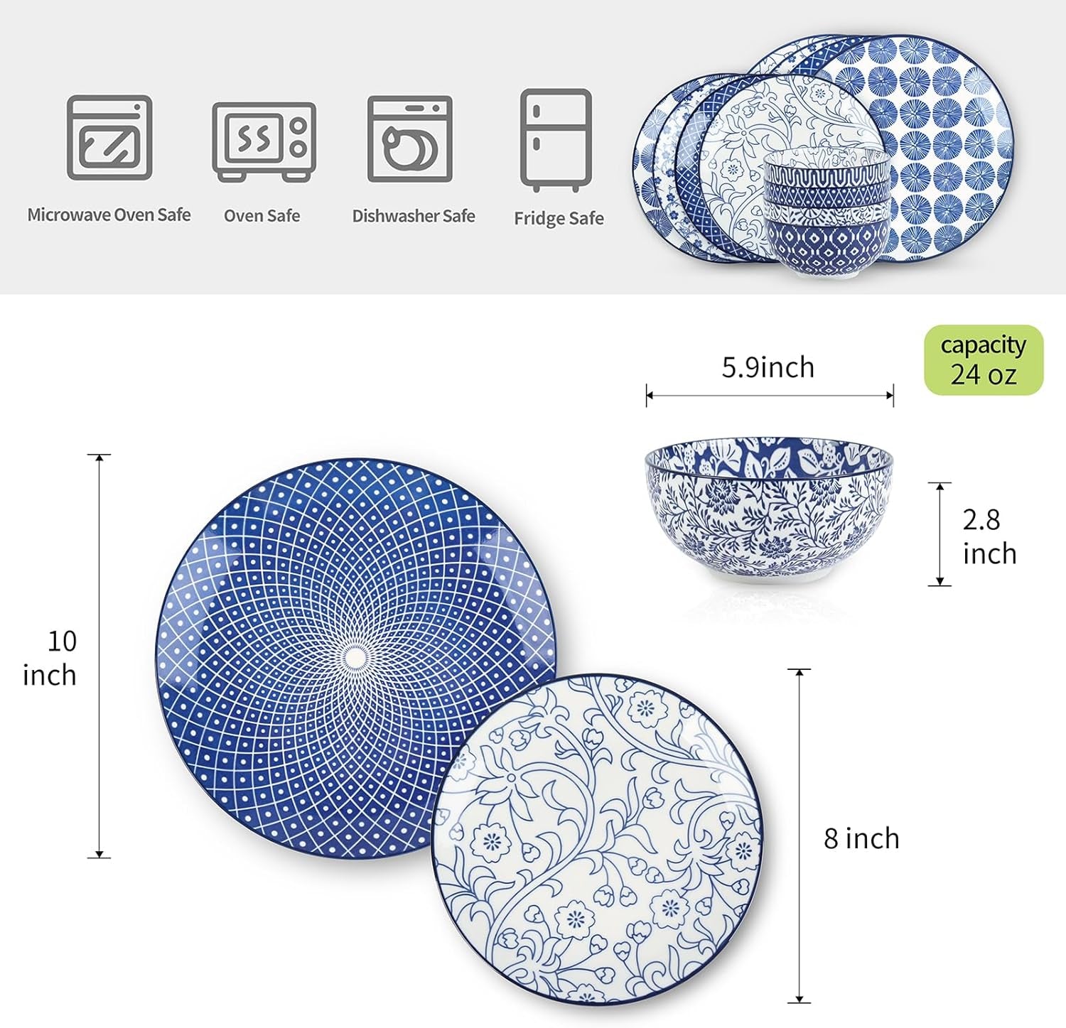 Ceramic Dinnerware Sets, 12-Pieces Plates and Bowls Sets, Scratch Resistant Dishes Set for 4, Dishwasher & Microwave Safe,Vintage Blue