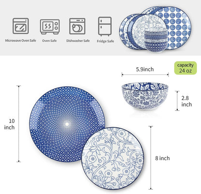 Ceramic Dinnerware Sets, 12-Pieces Plates and Bowls Sets, Scratch Resistant Dishes Set for 4, Dishwasher & Microwave Safe,Vintage Blue