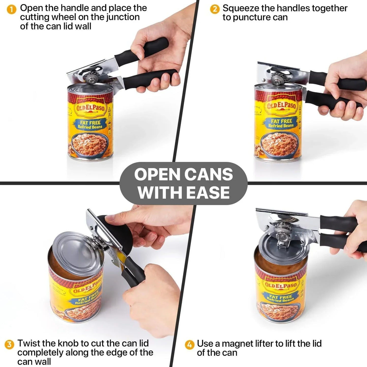 Easy-to-use can opener with step-by-step instructions for opening cans effortlessly