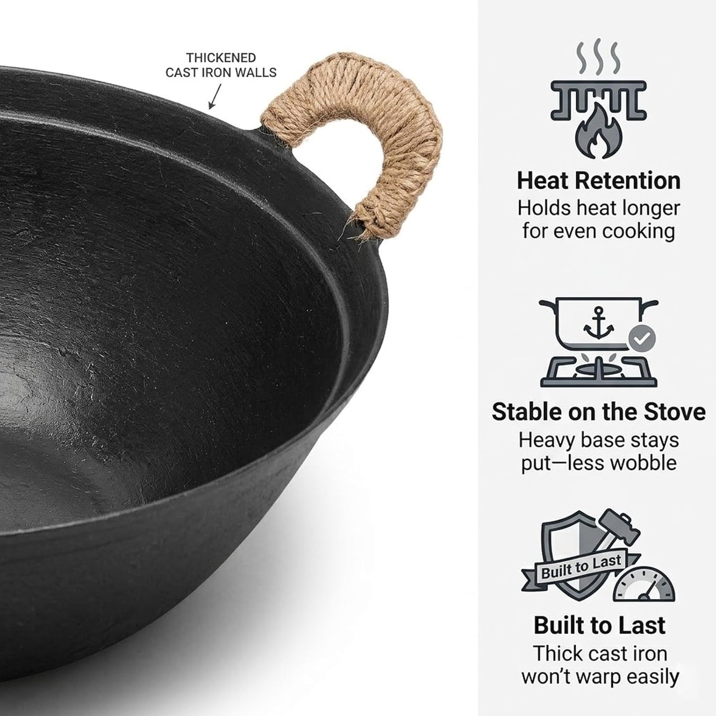 14.2 Inch Cast Iron Wok with Wooden Lid and Iron Spatula, Flat Bottom Double-Handle Chinese Stir Fry Pan, Uncoated Cast Iron Wok for Induction, Gas and Electric Stoves