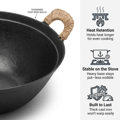 14.2 Inch Cast Iron Wok with Wooden Lid and Iron Spatula, Flat Bottom Double-Handle Chinese Stir Fry Pan, Uncoated Cast Iron Wok for Induction, Gas and Electric Stoves