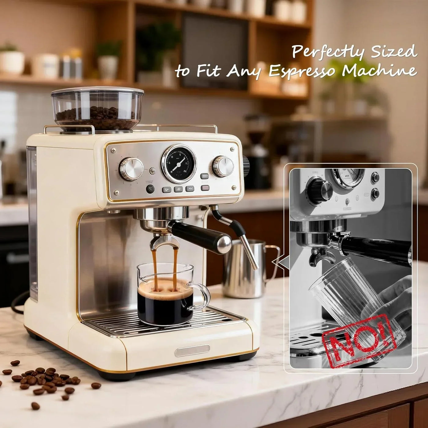 Cream espresso machine brewing coffee with beans, perfect fit for any kitchen appliance