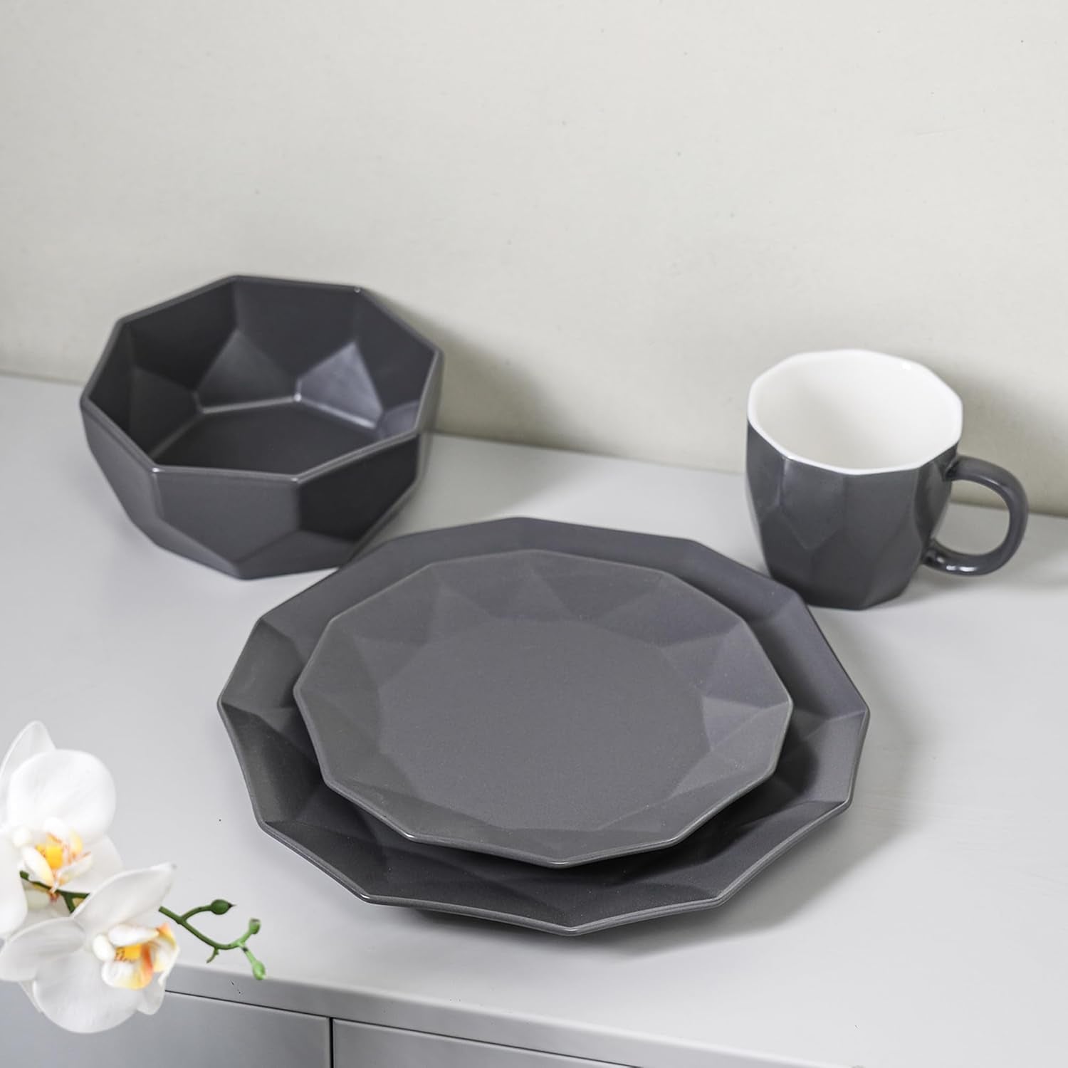 Stone + Lain Jamie Porcelain 16-Piece Geometric Dinnerware Set, Grey