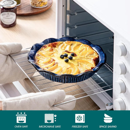 Ceramic Pie Pan for Baking, 9 Inch Deep Pie Plates for Apple Pie, Pot Pie, Tart and Quiche, Reactive Glaze Fluted Pie Pans, Large Pie Dish with Ruffled Edge, Blue, STERN Series