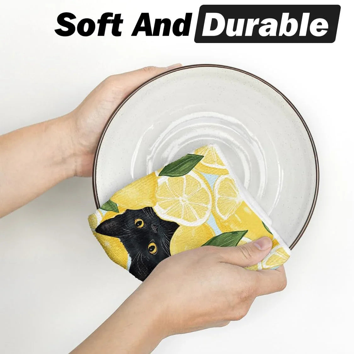 Yellow Lemon Black Cat Summer Kitchen Towels Dish Towels, 18X26 Inch Leaves Farmhouse Summer Seasonal Decoration Hand Towels Set of 2