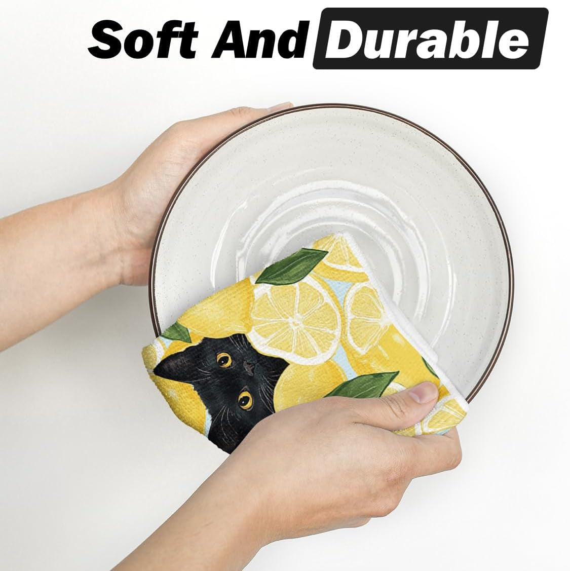 Yellow Lemon Black Cat Summer Kitchen Towels Dish Towels, 18X26 Inch Leaves Farmhouse Summer Seasonal Decoration Hand Towels Set of 2