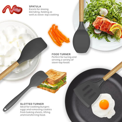 Silicone Cooking Utensils Kitchen Utensil Set - 446°F Heat Resistant Silicone Kitchen Utensils Set, Spatula,Turner Tongs, Spoon, Whisk,Kitchen Gadgets for Nonstick Cookware, BPA Free (Gray)