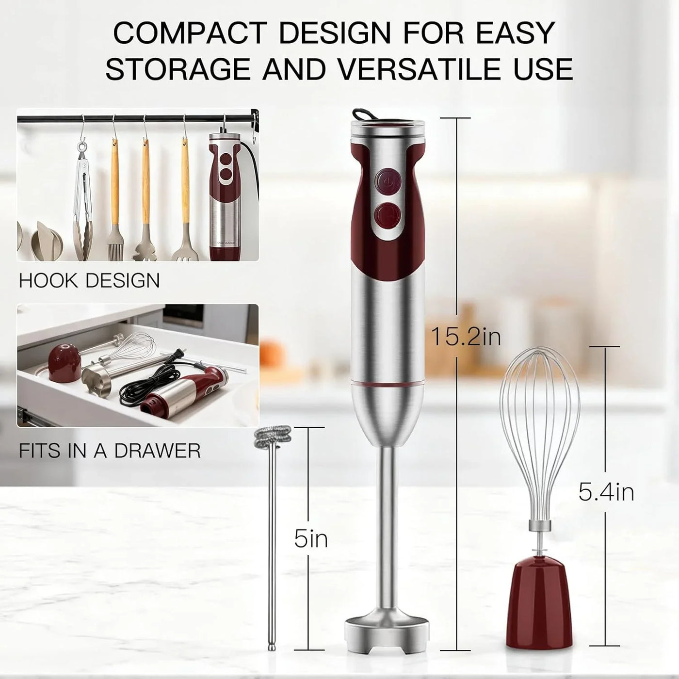 3- In-1 Immersion Hand Blender, Powerful MOTOR & Stainless Steel Stick Blender, 4 Sharp Blades with Whisk, Milk Frother Attachments