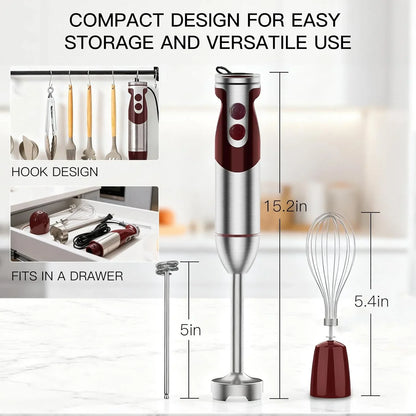 3- In-1 Immersion Hand Blender, Powerful MOTOR & Stainless Steel Stick Blender, 4 Sharp Blades with Whisk, Milk Frother Attachments