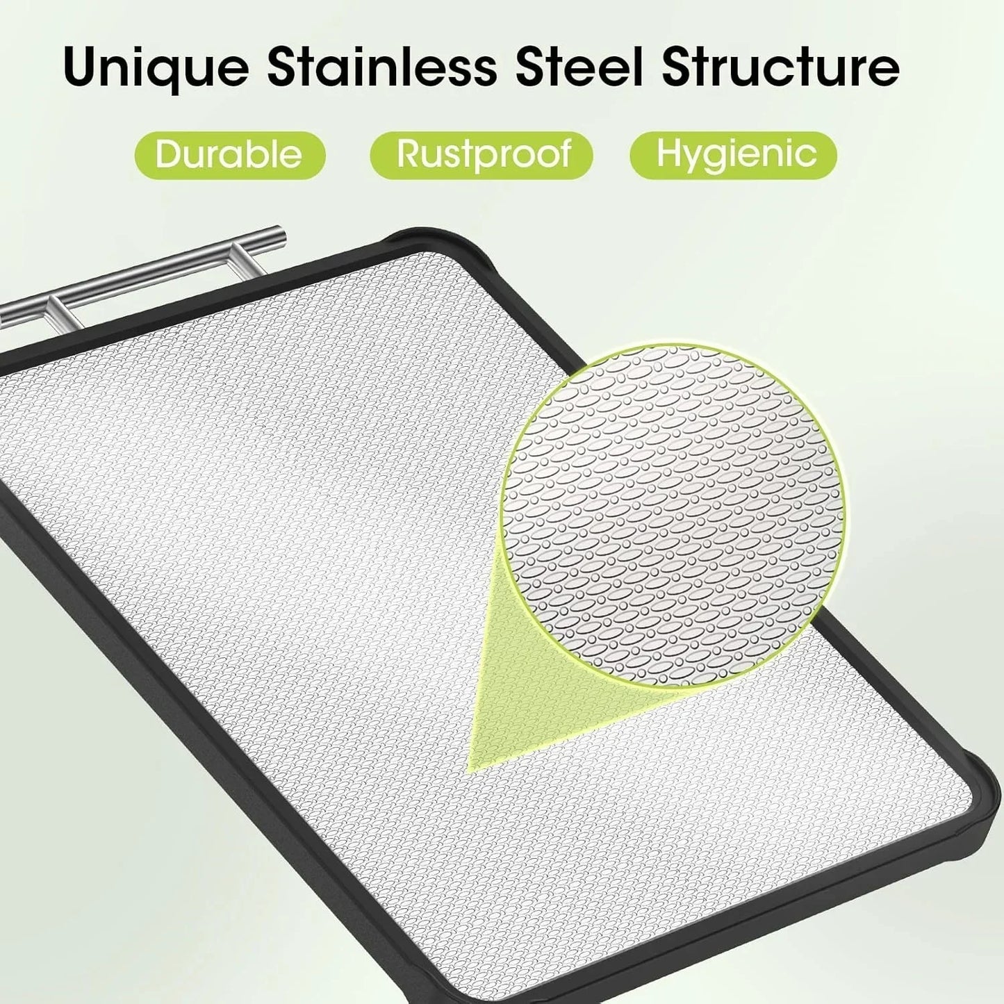 Stainless steel kitchen mat with durable, rustproof, hygienic textured surface for organized cooking spaces