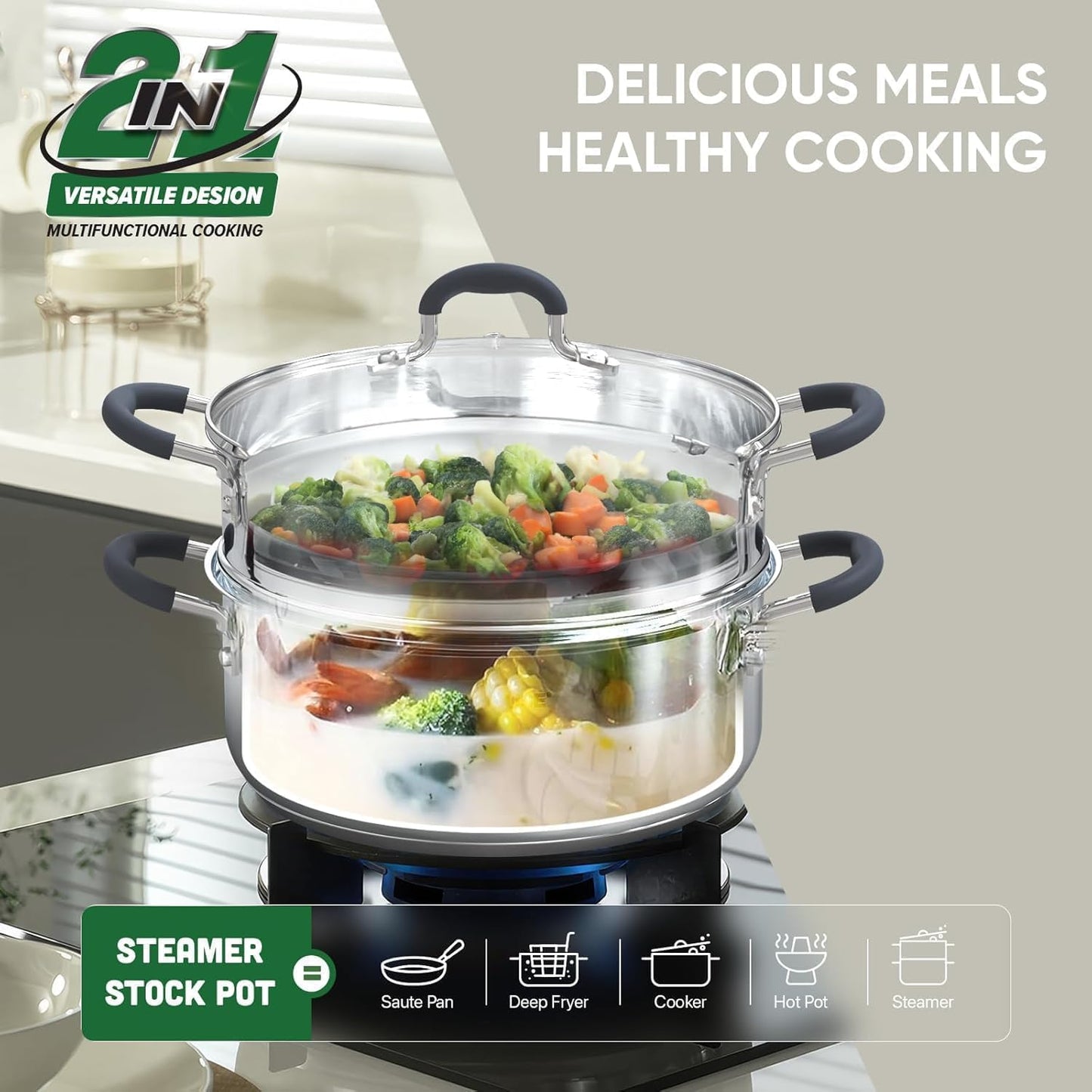 - 3.1 Quart Steamer Pots with Lid 2-Tier Multipurpose Stainless Steel Steaming Pot Cookware with Handle for Vegetable, Dumpling, Sauce, Food - Triple Bottom, Measurement Line