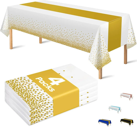 4 Pack Disposable Plastic Table Cloths for Parties,White and Gold Rectangle Table Covers for Fall Decor Wedding Bridal Shower Birthday | Baptism First Communion Decorations 54" X 108"
