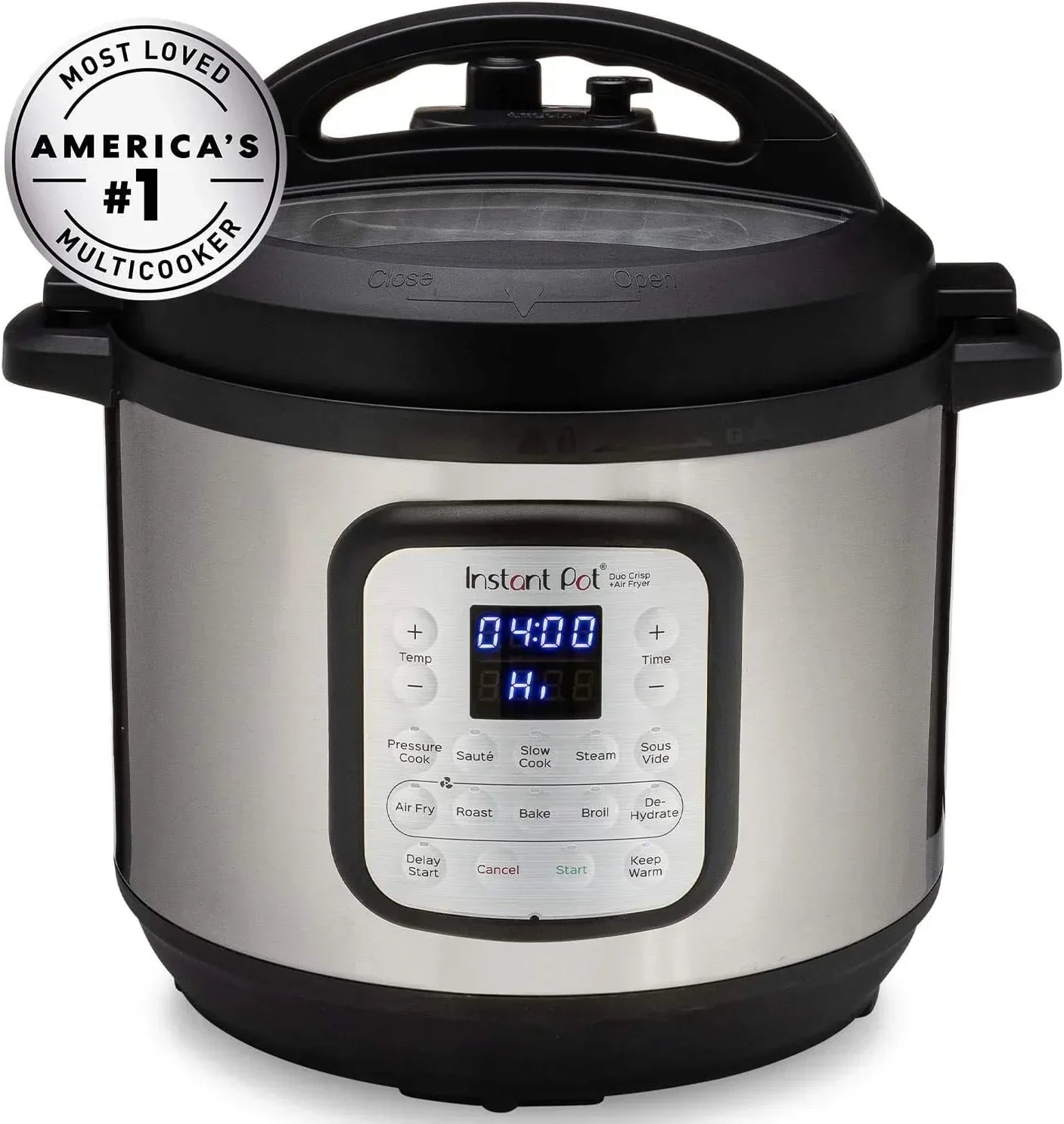 Instant Pot Duo Crisp Air Fryer 8-in-1 multicooker with digital display and pressure cook functions