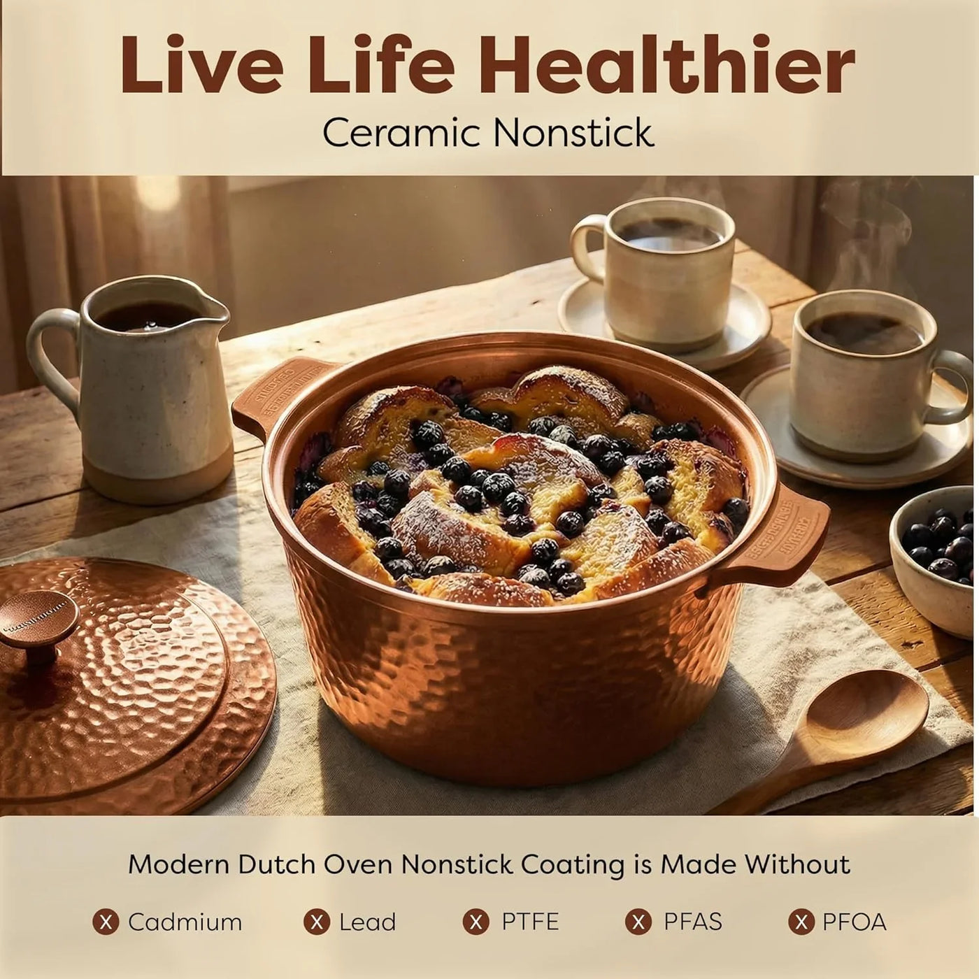 Hammered 5 Qt Lightweight Dutch Oven Pot with Lid & Holders, Ceramic Non Toxic, Oven Safe & Even Heat Retaining Dutch Oven for Bread Baking Sourdough, Soup, 70% Lighter than Cast Iron