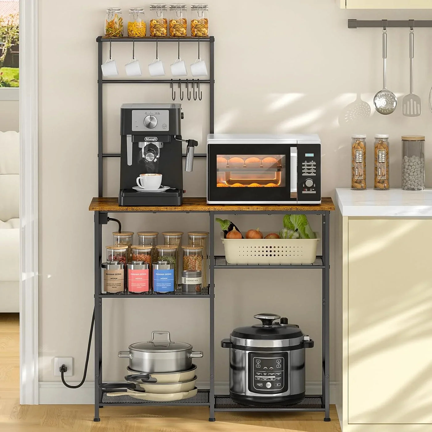 Bakers Rack with Power Outlet, Kitchen Microwave Stand with 10 S-Shaped Hooks, 6-Tier Coffee Bar Station, Kitchen Storage Shelf Rack for Spices, Pots, Rustic Brown