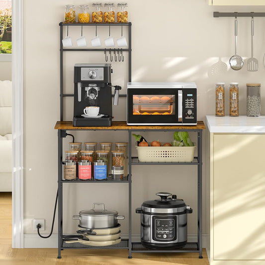 Bakers Rack with Power Outlet, Kitchen Microwave Stand with 10 S-Shaped Hooks, 6-Tier Coffee Bar Station, Kitchen Storage Shelf Rack for Spices, Pots, Rustic Brown