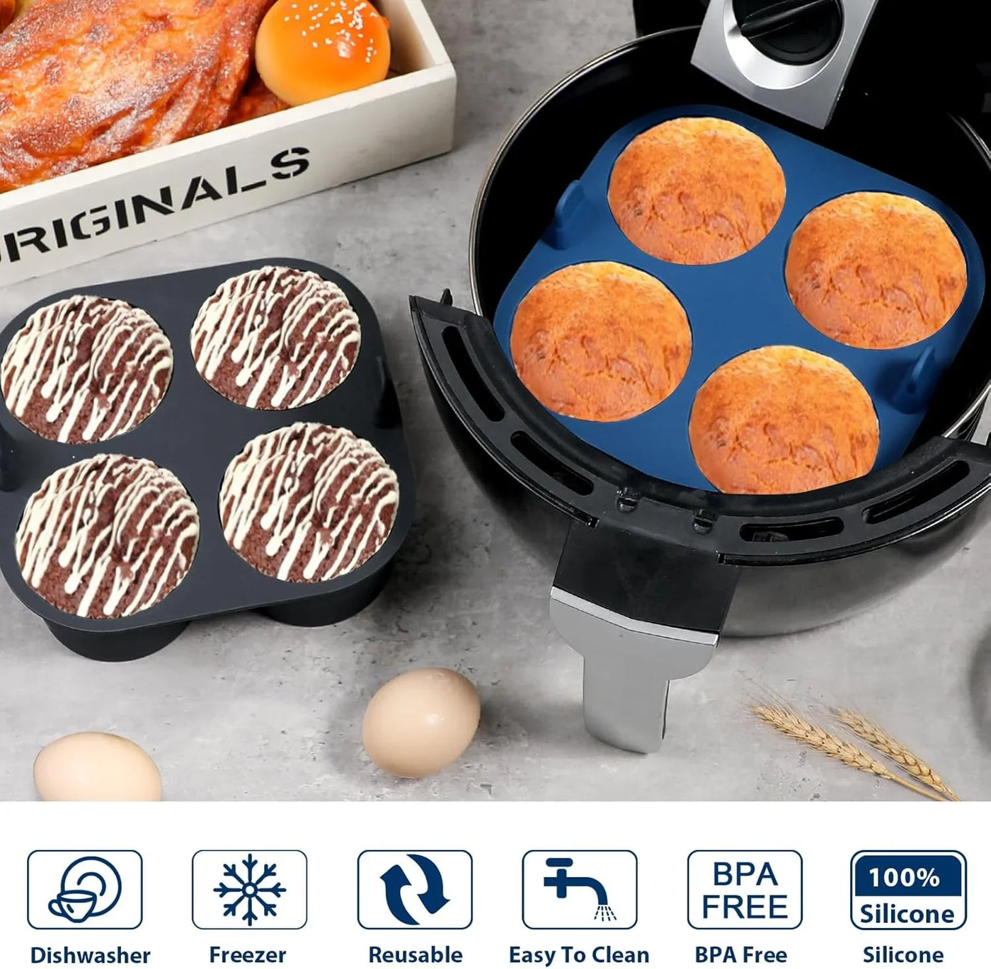 2PCS Jumbo Silicone Air Fryer Muffin Pan for Baking, 4-Cavity Egg Bites Silicone Mold, Nonstick BPA Free Muffin Tins Baking Cups