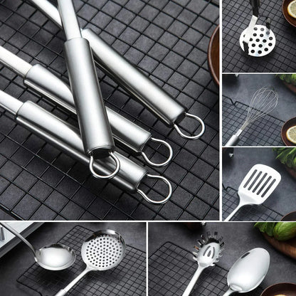 Cooking Utensil Set 8 Piece, Stainless Steel Kitchen Tool Set with Stand,Cooking Utensils, Slotted Tuner, Ladle, Skimmer, Serving Spoon, Pasta Server,Potato Maseher, Egg Whisk. （8 Pieces）