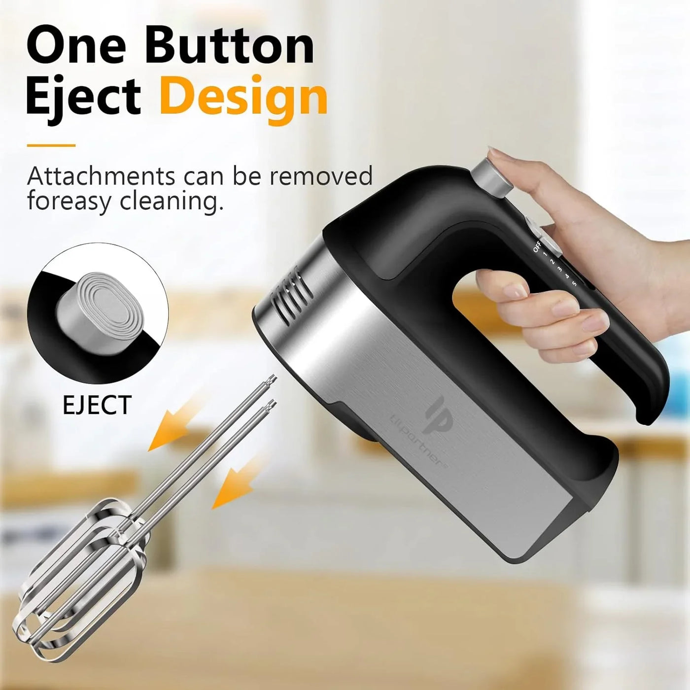 Hand Mixer Electric, 450W Kitchen Mixers with Scale Cup Storage Case, Turbo Boost/Self-Control Speed + 5 Speed + Eject Button + 5 Stainless Steel Accessories, for Easy Whipping Dough, Cream, Black
