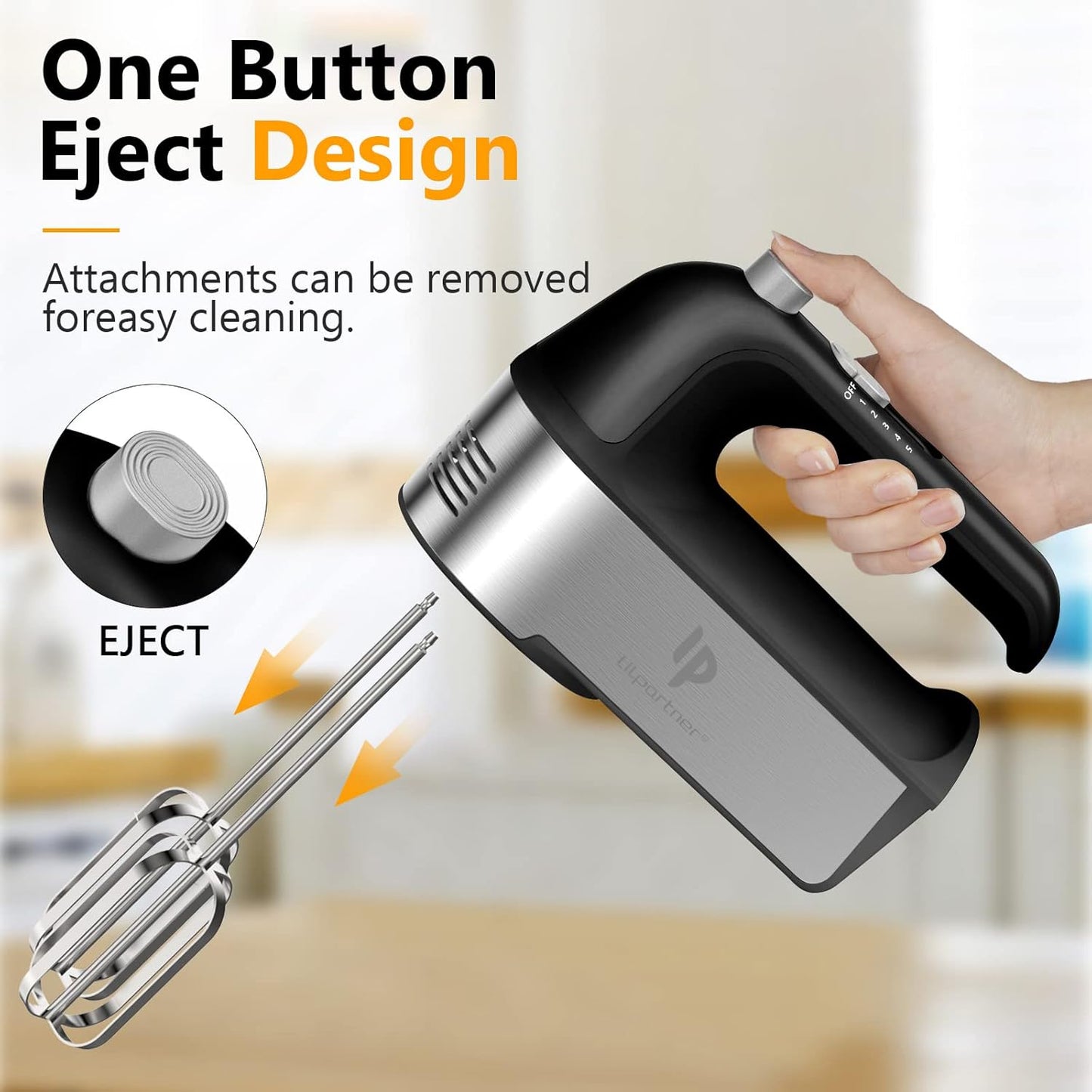 Hand Mixer Electric, 450W Kitchen Mixers with Scale Cup Storage Case, Turbo Boost/Self-Control Speed + 5 Speed + Eject Button + 5 Stainless Steel Accessories, for Easy Whipping Dough, Cream, Black