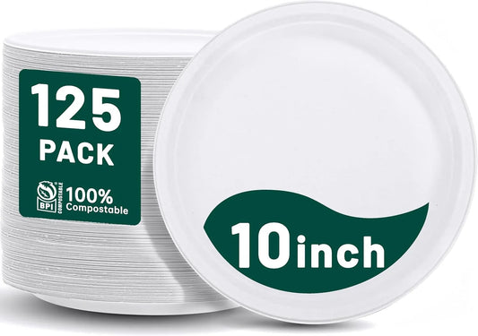 100% Compostable Paper Plates 10 Inch, 125-Pack Heavy Duty Paper Plates Bulk,Biodegradable Bagasse,Eco-Friendly Disposable Dinner Plate for Bbq,Picnic,Party (BPI Certified,Microwaveable)