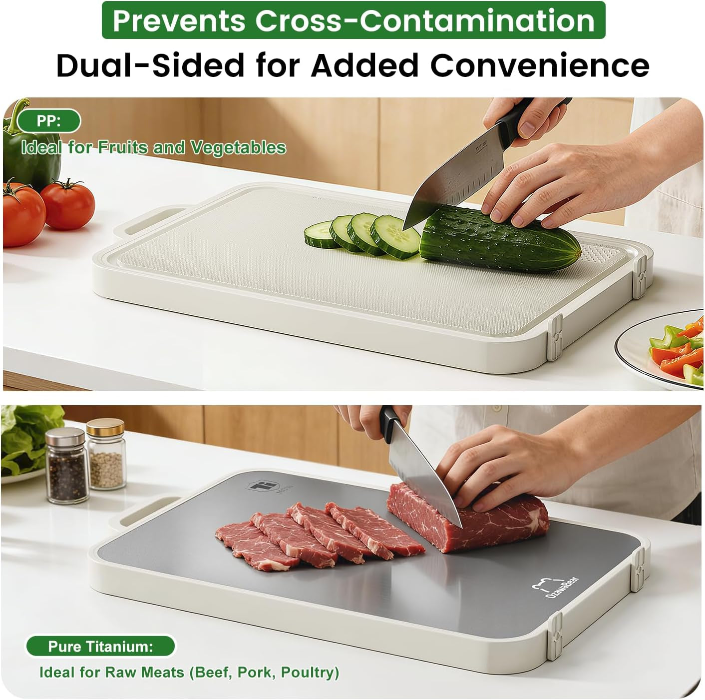 Titanium Cutting Board for Kitchen, Double Sided Cutting Boards Food Grade, 2-In-1 Chopping Boards for Fresh Meat Vegetable, Pure Titanium & PP, Easy to Clean Large Size 16”×11”