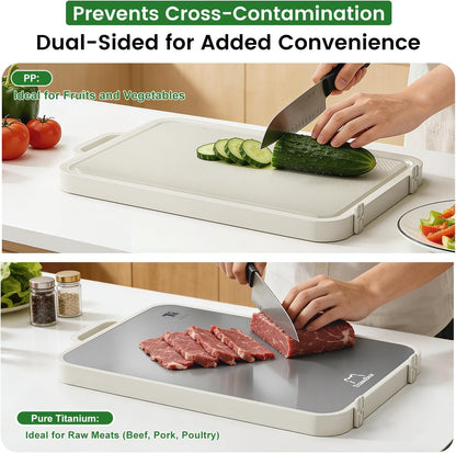 Titanium Cutting Board for Kitchen, Double Sided Cutting Boards Food Grade, 2-In-1 Chopping Boards for Fresh Meat Vegetable, Pure Titanium & PP, Easy to Clean Large Size 16”×11”