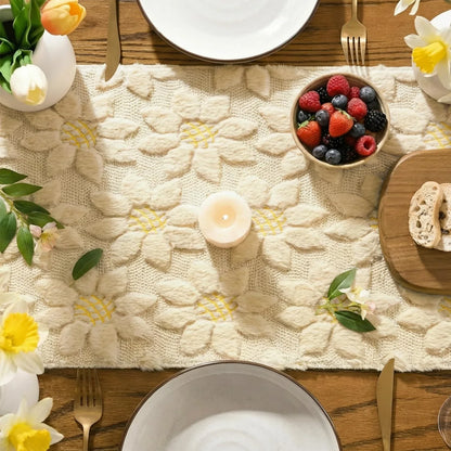 Beige Soft Plush Faux Fur Jacquard Embroidery Sunflower Spring Table Runner, Kitchen Dining Table Decoration for Home Party Decor 13X72 Inch