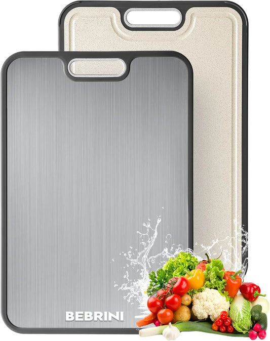 Titanium Cutting Board for Kitchen, Non Toxic Stainless Steel Cutting Board Double Sided, Food Grade Pure Titanium & Wheat Straw PP, Meat & Vegetable Chopping Boards, Scratch Resistant, Large 16”×11”
