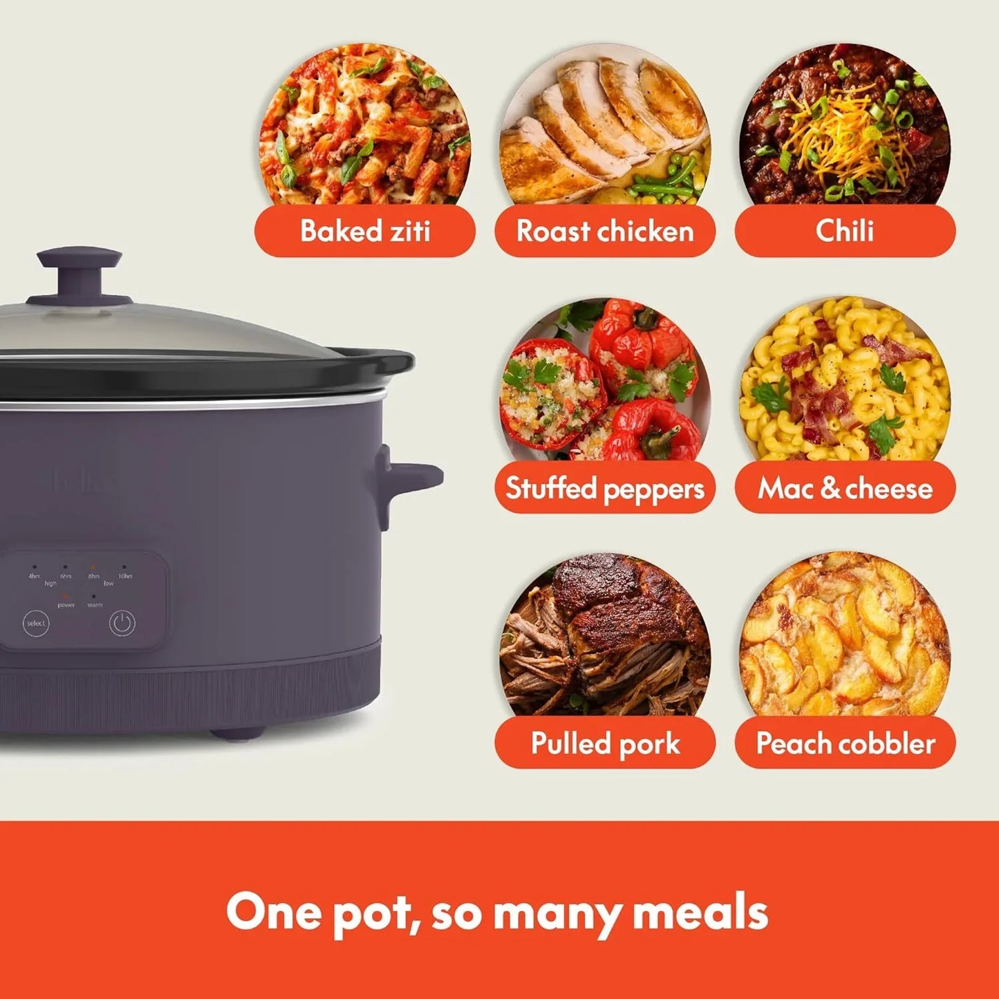 6.0 Qt Programmable Slow Cooker, Ceramic Nonstick Coating, Adjustable Temperature & Cooking Times, Dishwasher Safe Stoneware Pot & Tempered Glass Lid, Tangle Free Cord Wrap, Plum