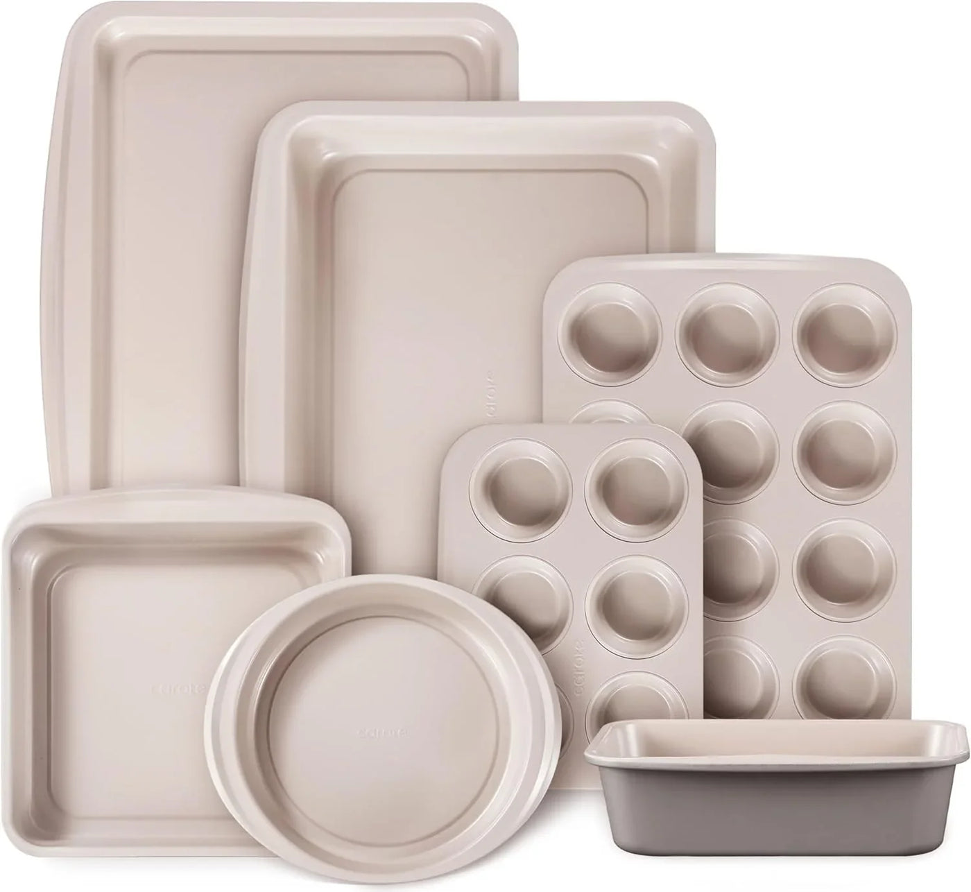 7-Piece Nonstick Stackable Baking Pans Set - Bakeware Sets Including Cookie Sheets for Baking, Muffin Pan, Bread Pan, Cake Pan, Loaf Pan, Roasting Pan, Gray & Khaki