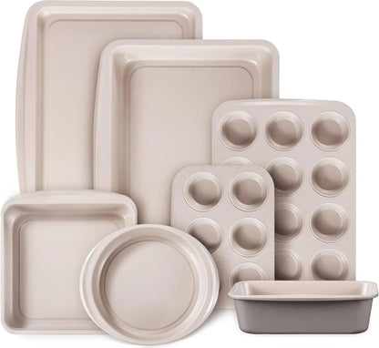 7-Piece Nonstick Stackable Baking Pans Set - Bakeware Sets Including Cookie Sheets for Baking, Muffin Pan, Bread Pan, Cake Pan, Loaf Pan, Roasting Pan, Gray & Khaki