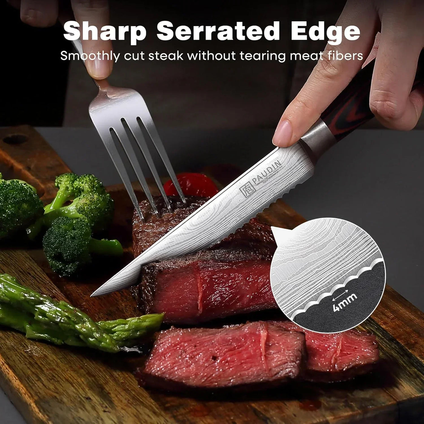 Sharp serrated steak knife cutting juicy steak with broccoli and asparagus on wooden board