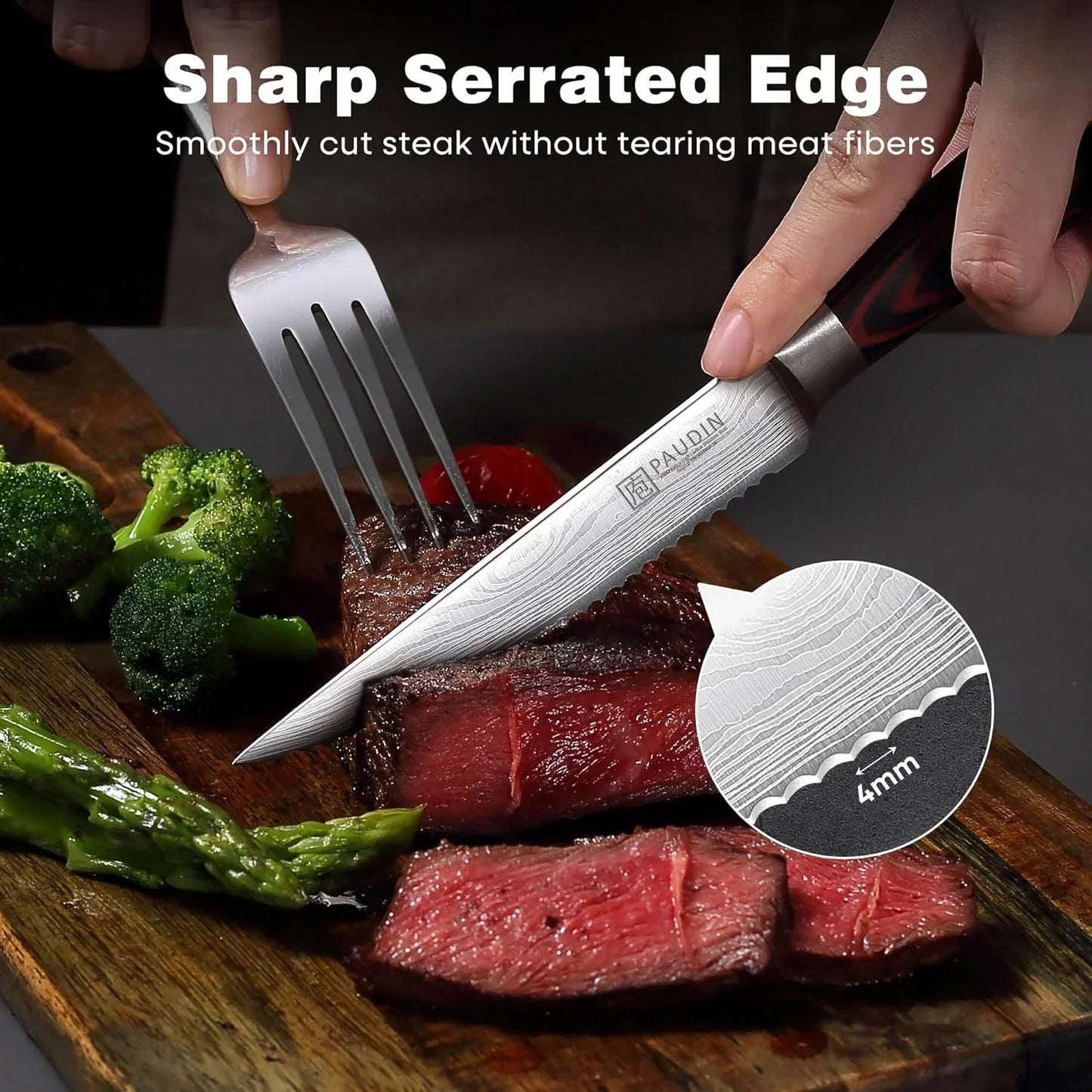 Sharp serrated steak knife cutting juicy steak with broccoli and asparagus on wooden board