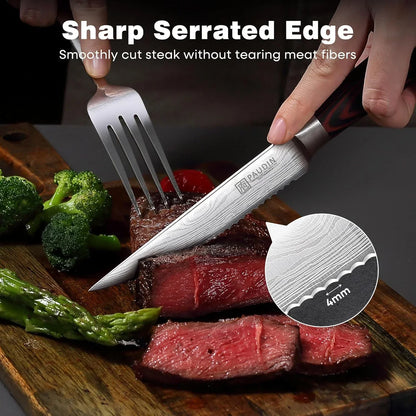Sharp serrated steak knife cutting juicy steak with broccoli and asparagus on wooden board