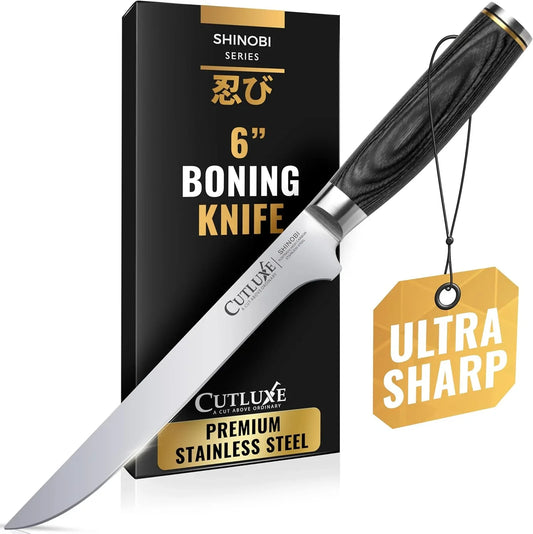 Japanese Boning Knife for Meat Cutting – 6" Razor Sharp – High Carbon Stainless Steel Blade – Fillet Knife for Fish – Full Tang, Ergonomic Pakkawood Handle Design – Shinobi Series