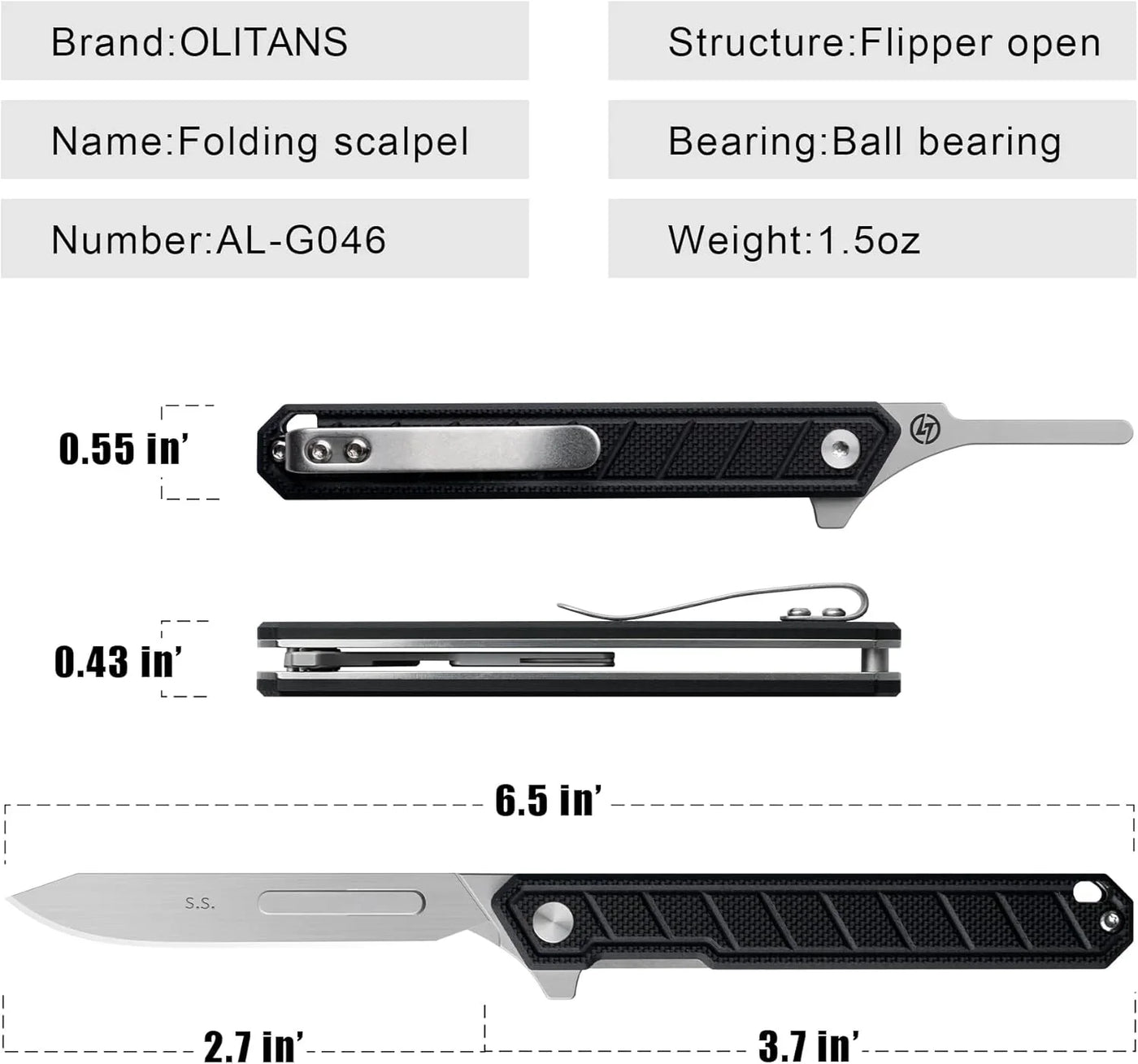 G046 Mecha Mini Slim Folding Scalpel with 5Pcs #24 and 5Pcs #60 G11 Handle with Liner Lock, Utility EDC Pocket Knife with Back Clip（Black）