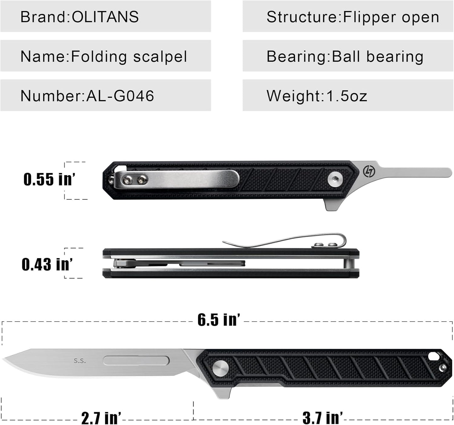 G046 Mecha Mini Slim Folding Scalpel with 5Pcs #24 and 5Pcs #60 G11 Handle with Liner Lock, Utility EDC Pocket Knife with Back Clip（Black）