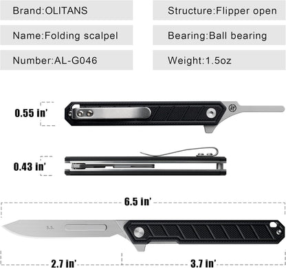 G046 Mecha Mini Slim Folding Scalpel with 5Pcs #24 and 5Pcs #60 G11 Handle with Liner Lock, Utility EDC Pocket Knife with Back Clip（Black）