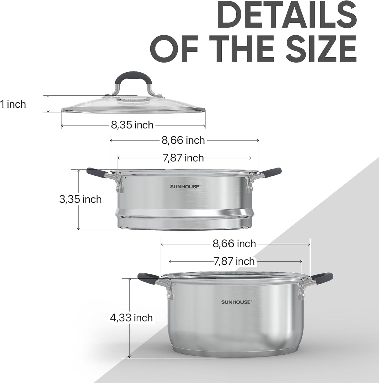 - 3.1 Quart Steamer Pots with Lid 2-Tier Multipurpose Stainless Steel Steaming Pot Cookware with Handle for Vegetable, Dumpling, Sauce, Food - Triple Bottom, Measurement Line